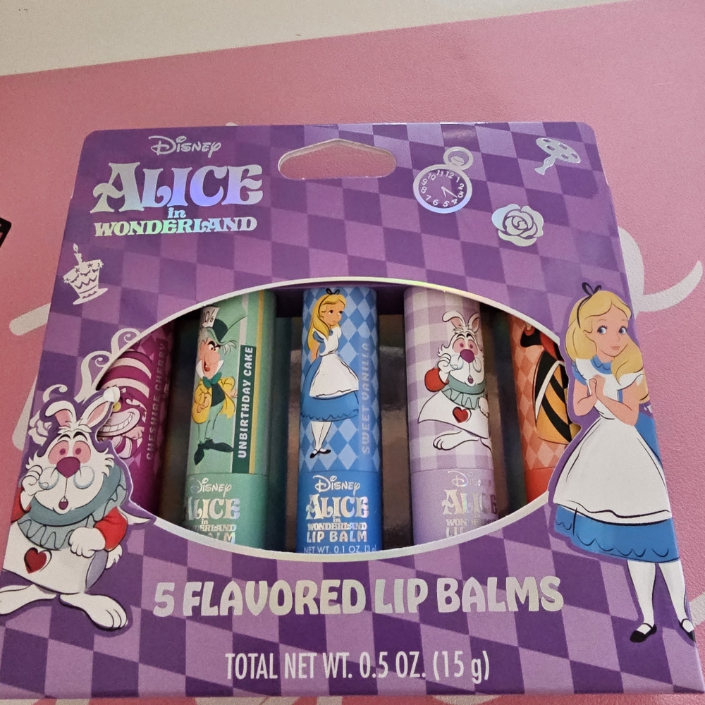 Disney Alice In Wonderland 5 Flavored Lip Balms NEW